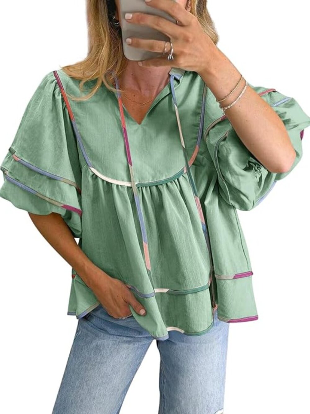 Cicy Bell Womens Summer Babydoll Top V Neck Short Lantern Sleeve Shirt XL - Picture 2 of 4
